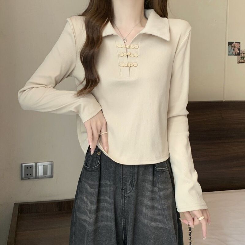 初秋の新しい中国風のショートカラー長袖シャツ女性用、ナショナルスタイルのボタン付き、甘い痩身黒トップ女性用|undefined