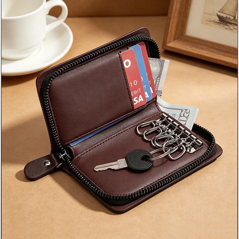 Wholesale direct sales multi-card slot multifunctional genuine leather key wallet storage bag with zipper opening for casual home use