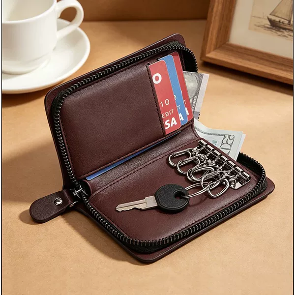 Wholesale direct sales multi-card slot multifunctional genuine leather key wallet storage bag with zipper opening for casual home use