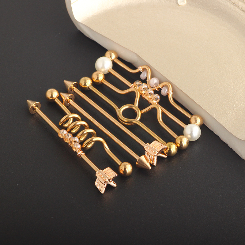 Nine Treasure Gold Industrial Barbell Earrings Set - Stainless Steel Double Ear Holes Bridge Ear Stud for Cartilage Piercing detail image 8