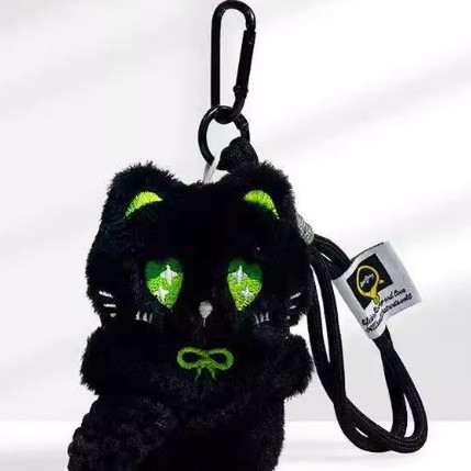 Super lindo pequeño gato negro tejido lindo cuerdas de mano de peluche hechas a mano muñeca llavero colgante bolsos colgantes de teléfonos móviles