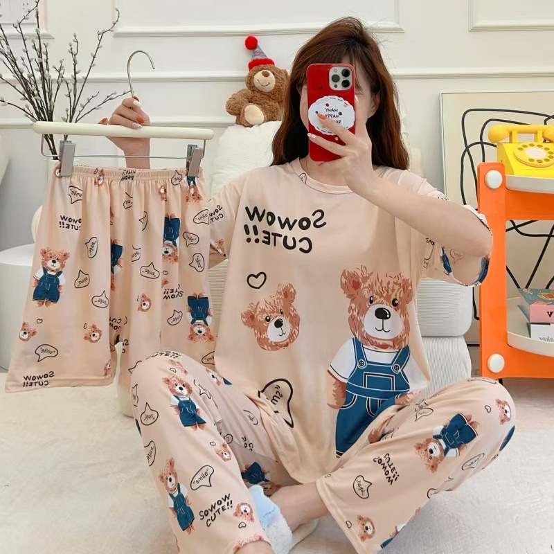 Pijamas de verano transfronterizos pijamas de leche de seda de tres piezas set de dibujos animados comercio exterior ropa para el hogar pantalones de mangas cortas lindos