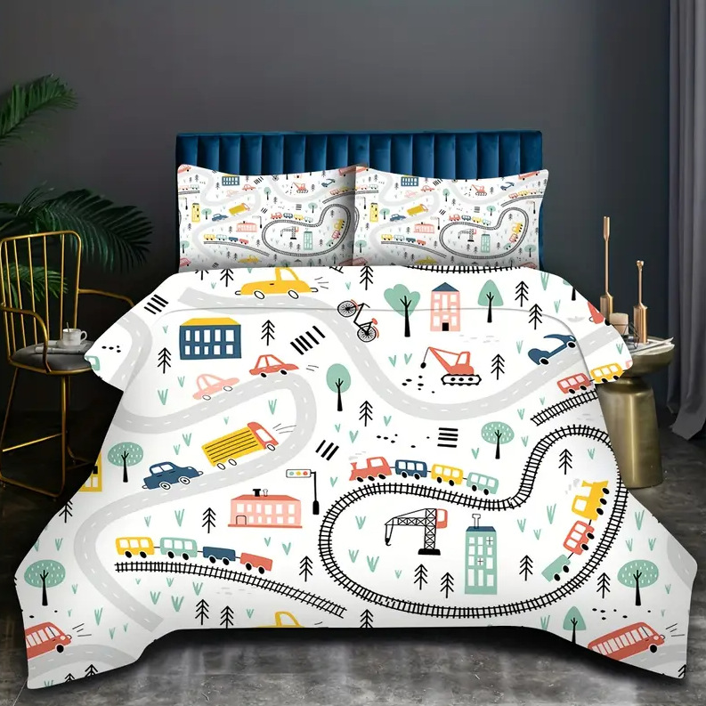 TEMU / JIT Moda dibujos animados lindo patrón de carro colcha de cama set para dibujar