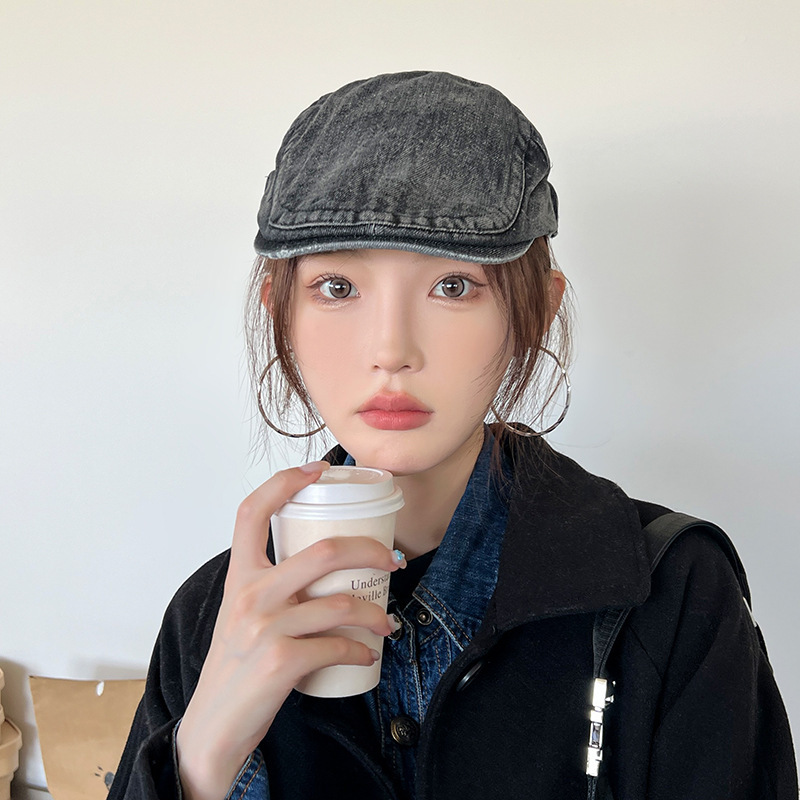 Mujeres primavera y verano muestran cara pequeña con gorra de boina de lengua de pato, gorra de vaquero coreana retro lavada con agua.