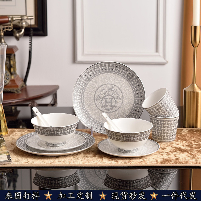Nordic Bone China Tableware 8-inch Western Dinner Plate Coffee Set Household 10-inch Shallow Plate Large Flat Bowl suit Wholesale