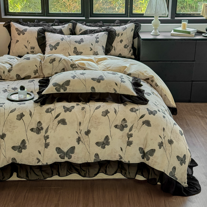 Juego de ropa de cama de cuatro piezas de algodón puro estilo boho vintage nórdico francés de clase A con gasa de doble capa en encaje vintage francés estilo Hepburn._voghion.com