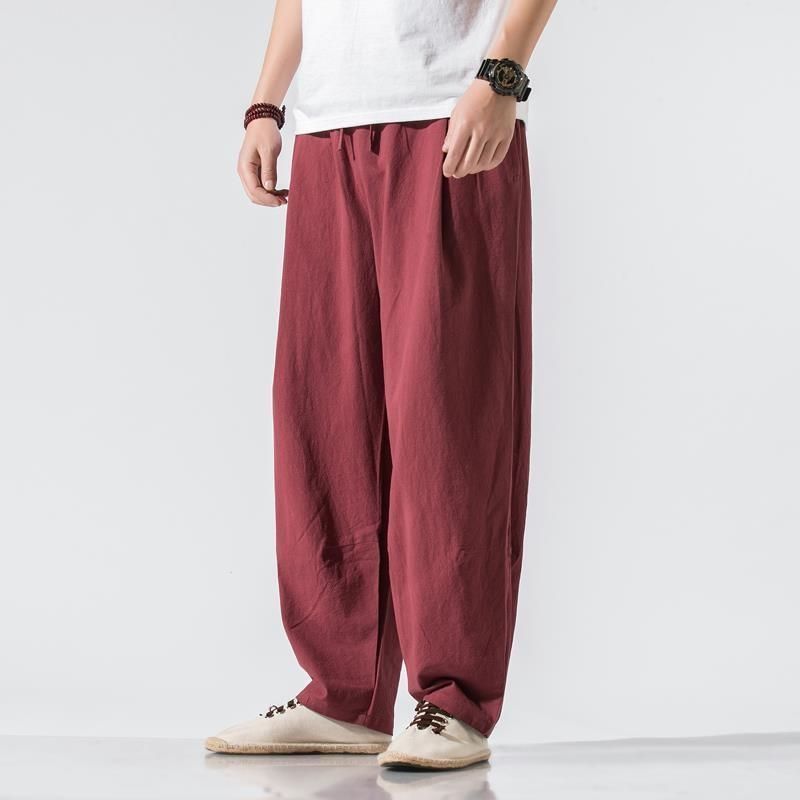 Pantalones de lino de traje Tang de estilo chino para hombres Pantalones de harén de pierna ancha de gran tamaño sueltos casuales para hombres Pantalones de linterna para jóvenes