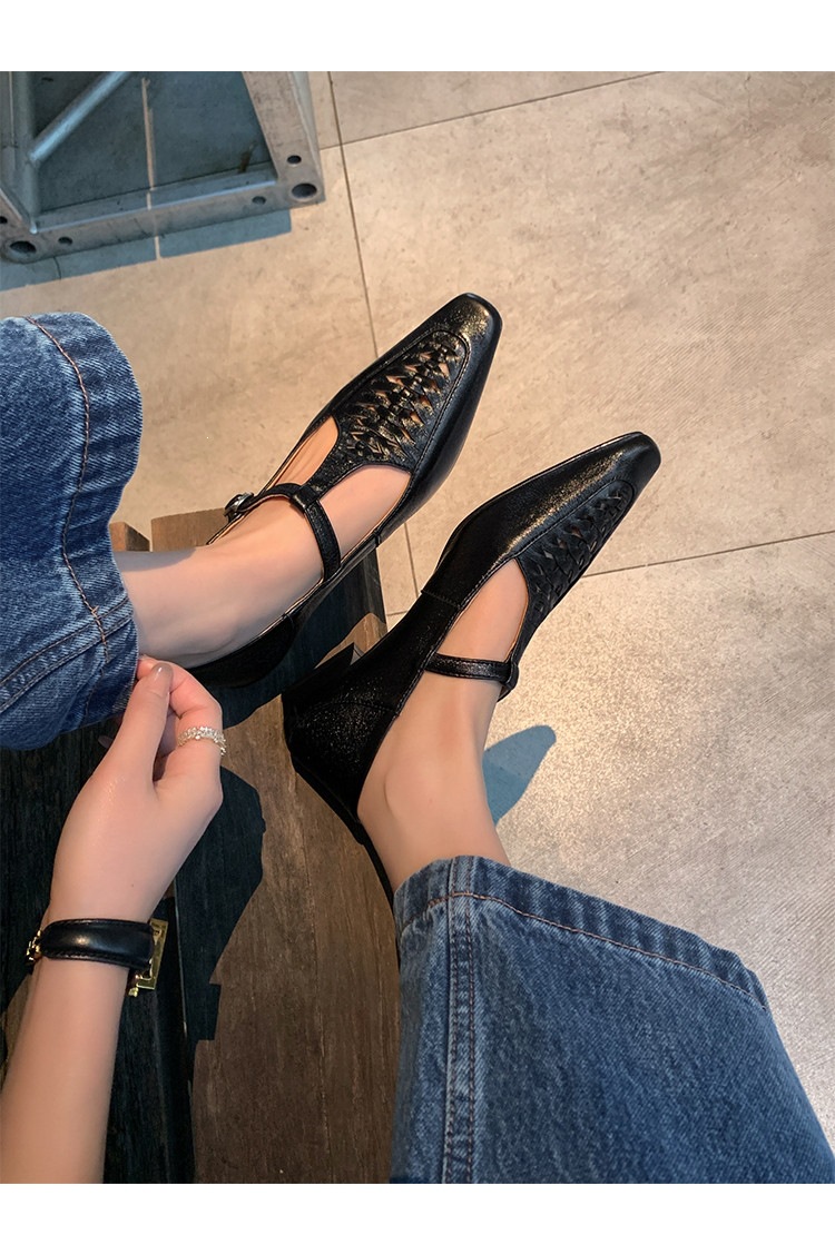 Giày Mary Jane nữ đan T-Strap da thật mũi vuông đế bệt — màu đen, bạc chi tiết 10