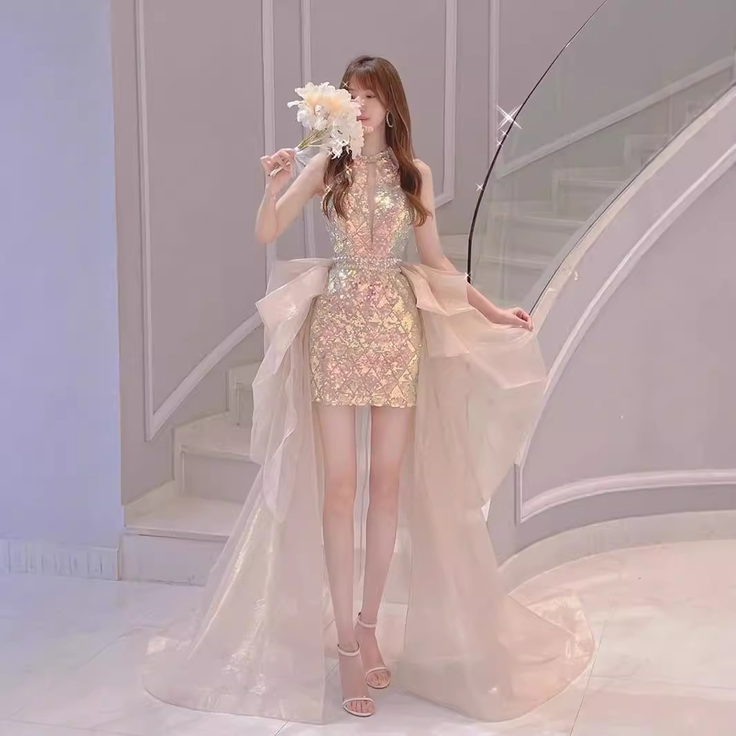 Vestido de pasarela de nuevo estilo 2026, corto por delante y largo por detrás, rosa, para brindis de boda, banquete, actuación, compromiso y boda