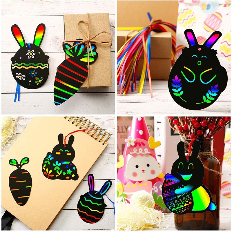 Factory Direct Sale 12 Pieces Easter Scratch Art DIY Hanging Art Scratch Book for Children's Festival Party Scratch Paper