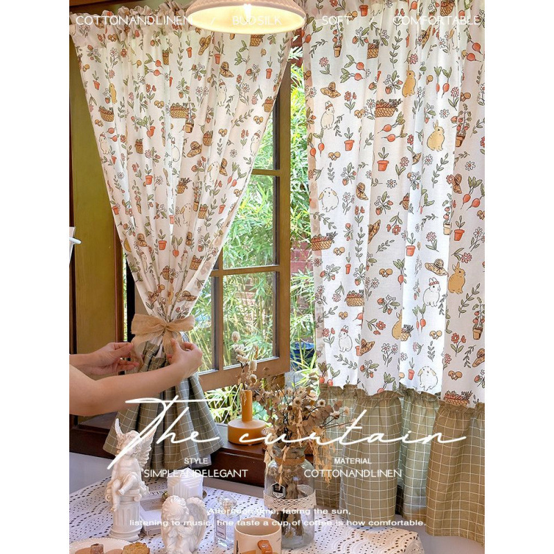 American Country Retro French Bunny Cotton Printed Small Curtain Kitchen Coffee Curtain Balcony Partition Door Curtain Half Curtain