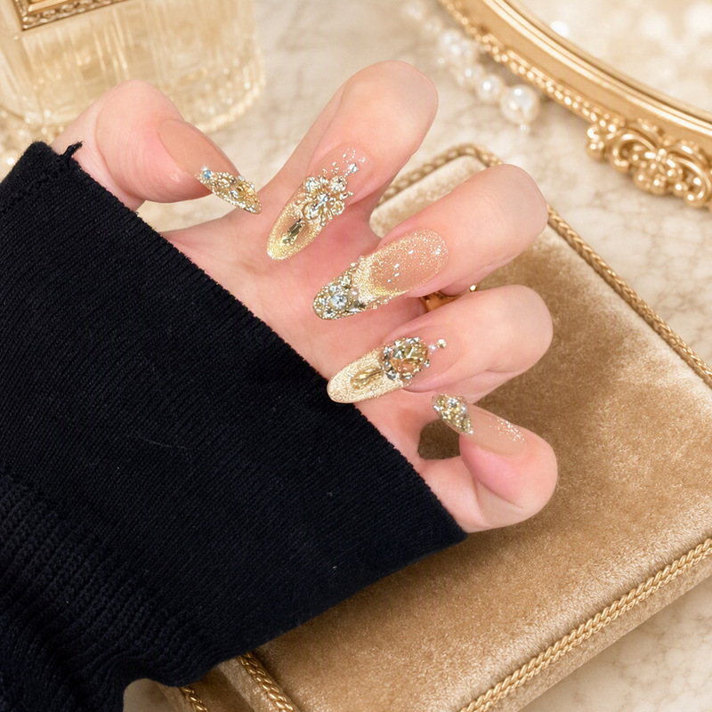 Gold Foil Whispering Handmade Wearable Nails, Medium-Length Cat-Eye Dazzling Zircon with Diamonds, Chanel-Style French Manicure Nail Tips Gold Foil Whispering Handmade Wearable Nails, Medium-Length Cat-Eye Dazzling Zircon with Diamonds, Chanel-Style French Manicure Nail Tips