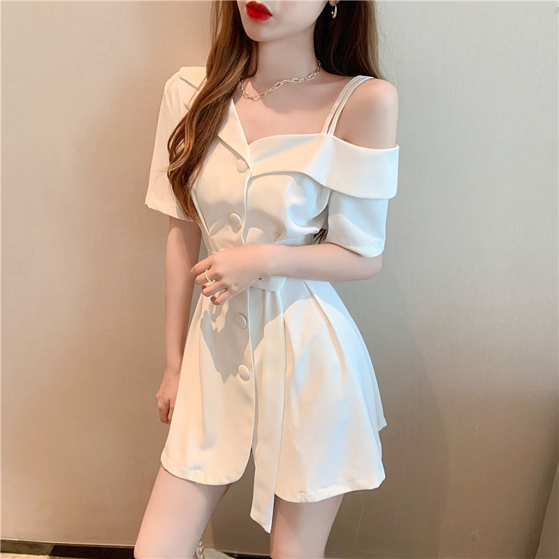 Summer New Women's Shoulder-exposed Suit Skirt Lace-up Waist Slimming Elegant Dress Salt Style Fried Street Skirt