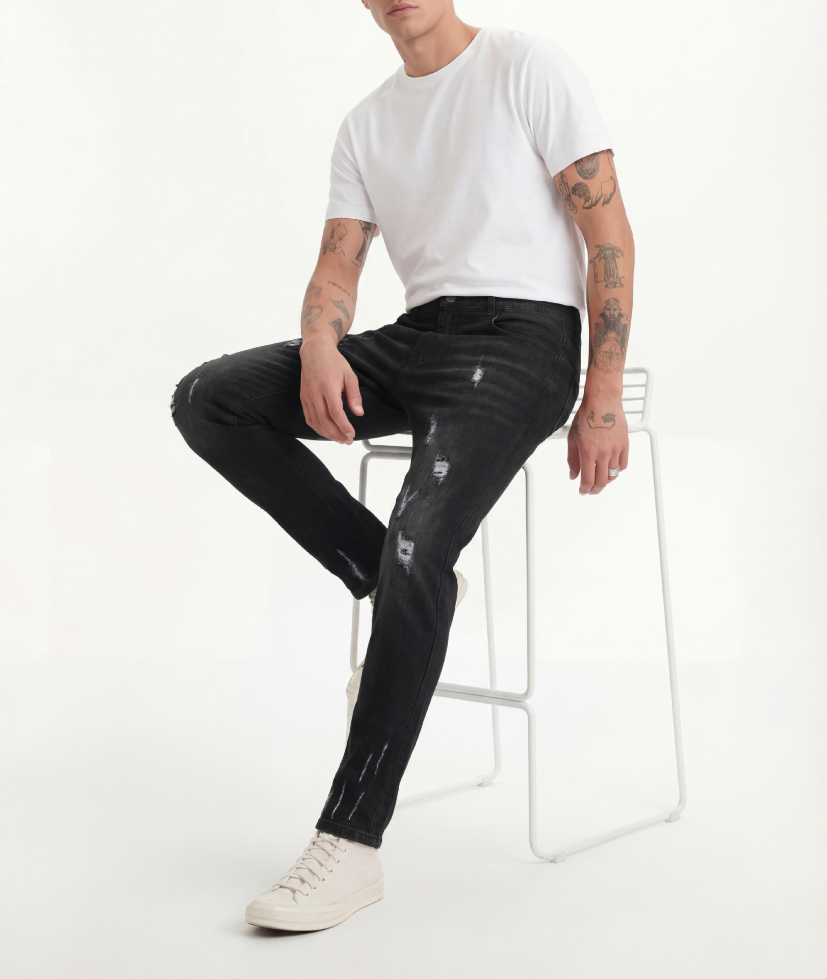 Men's Slim Fit Jeans Fashion Trend Elastic Patch Denim Trousers Mid Waist Black Long Casual Cotton Pants_mkmklike.com