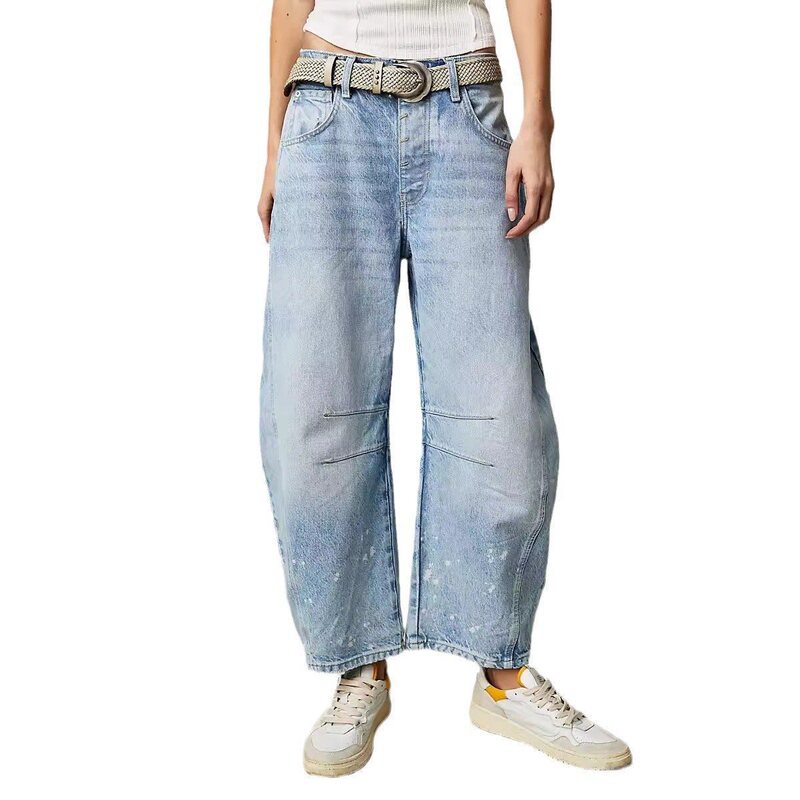 Loose Mid-Low Waist Cross-Border Washed Wide-Leg Denim Jeans for Women, Independent Stand European and American Style 2024 Dark Blue Cotton