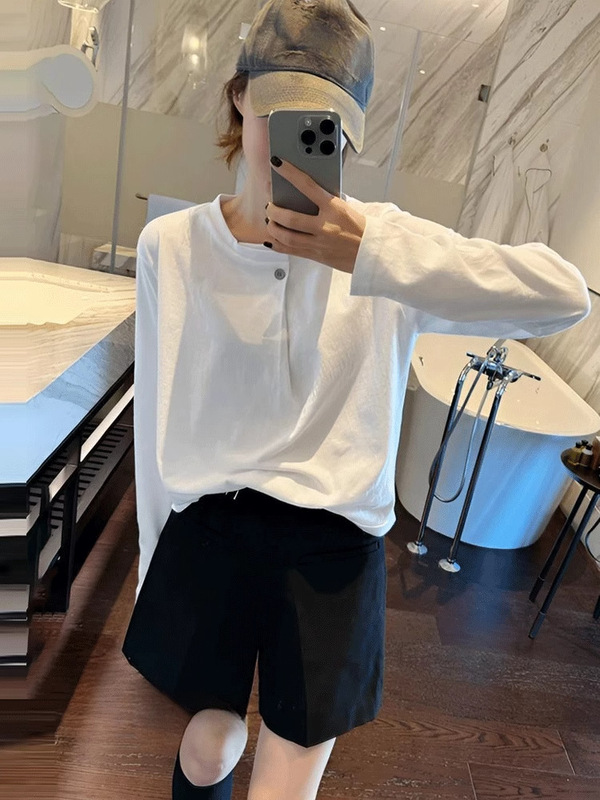 白色纯棉长袖t恤女士秋装新品欧货简约设计感显瘦遮肉打底衫6430|undefined
