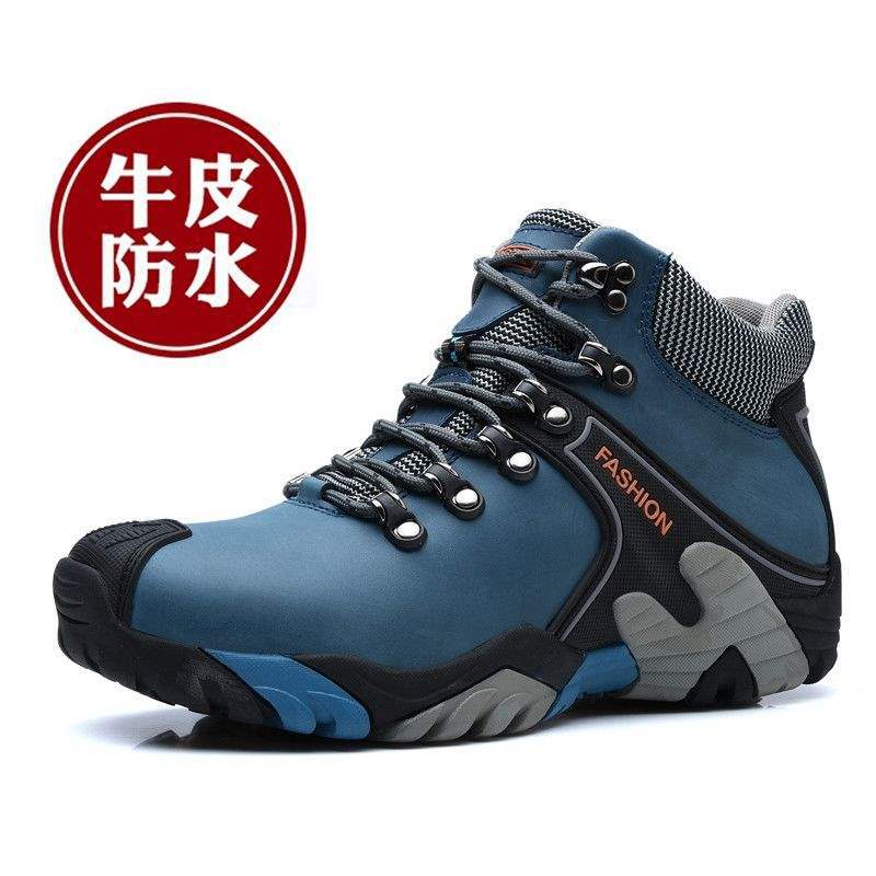 Export Cowhide Men's Cotton Shoes, Four-Season High-Top Shoes, Plus Velvet, Warm, Waterproof, Non-Slip Outdoor Hiking Shoes