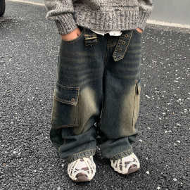 男童时尚牛仔裤2024冬季新款儿童韩版直筒裤中小童宽松加绒裤子潮