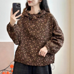 古咖服饰秋季新款复古棉麻印花连帽外套女文艺碎长袖宽松套头上衣