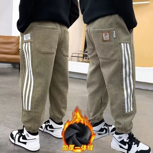 Thickened corduroy lined men's pants for autumn and winter, trendy brand track pants, loose pants with turn-up cuffs, casual pants, fashionable pants.