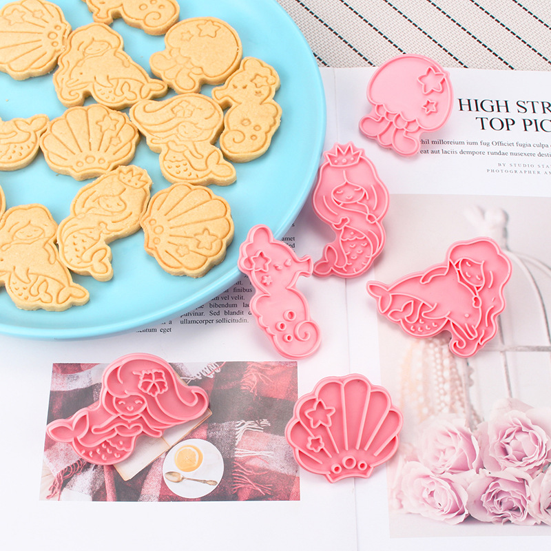 Mermaid Cookie Mold 3D Plastic Solid Sugar Frosting Fondant Cookie Pressed Mold Home Baking User-Friendly Press Stamp
