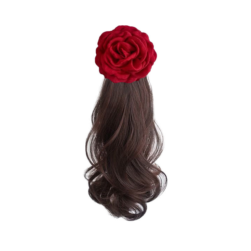 ウィッグポニーテールレッドローズフラワーヘアピン女性のサイドクリップ少しカーリーウィッグポニーテール人工毛グリッパーポニーテール|undefined