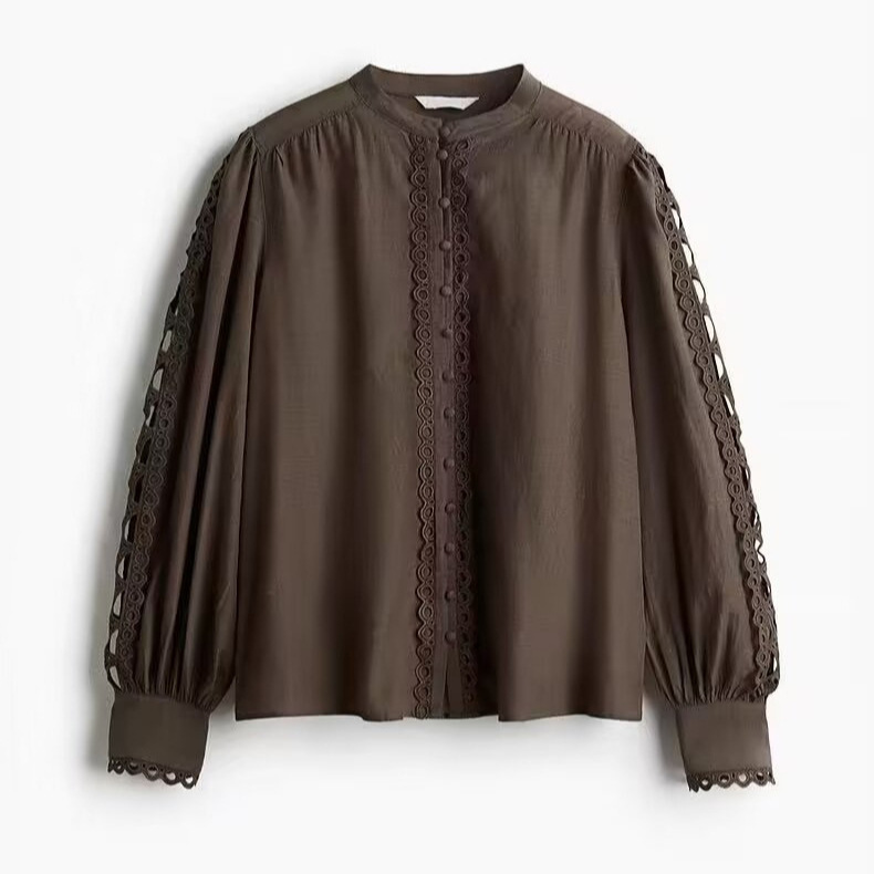 2025 European and American Cross-Border Women's Clothing Wholesale Women's Lace-Trimmed Long-Sleeved Shirt Tops