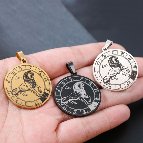 Cross-border new stainless steel bold personality twelve zodiac round pendant DIY titanium steel men's zodiac pendant