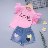 Nail bead flying sleeve letter T-shirt + jeans