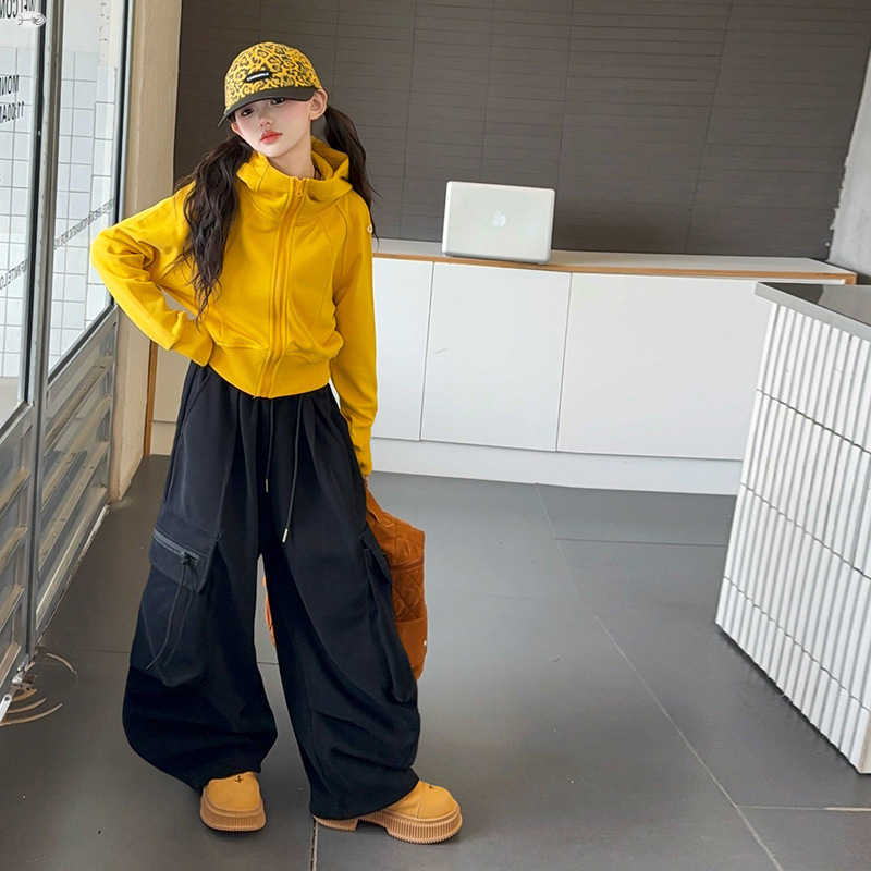 女童秋装套装2025童装新款小女孩时髦针织工装裤大童黄色卫衣洋气|undefined