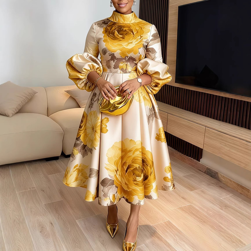 French Retro High-Neck Puff-Sleeved Large Floral Dress for Women, Summer Home Work and Commuting Elegant Dress French Retro High-Neck Puff-Sleeved Large Floral Dress for Women, Summer Home Work and Commuting Elegant Dress