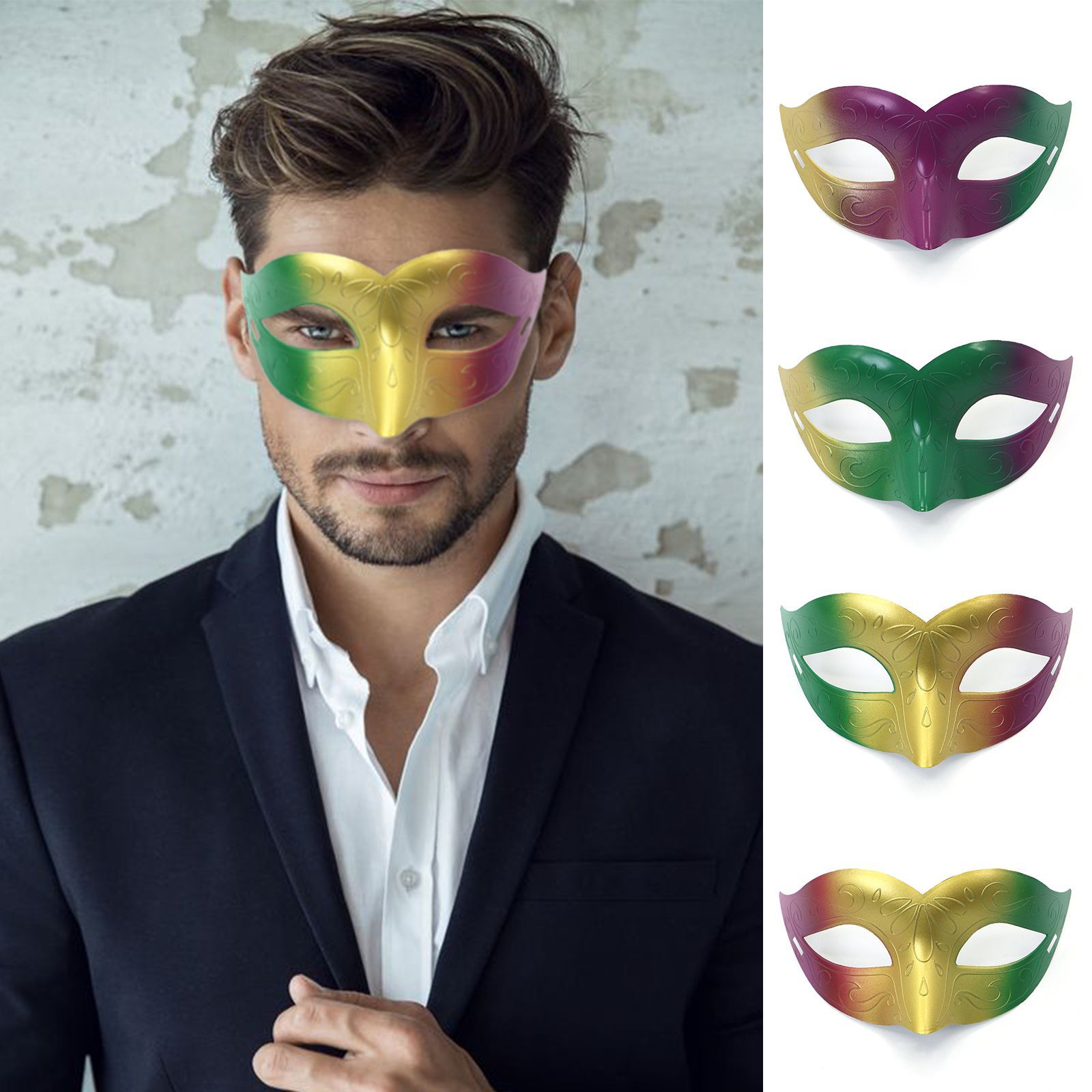 Amazon TK carnaval oro roxo verde tricolor retro máscara de mitad de cara espectáculo de escenario de fiesta máscara de accesorios