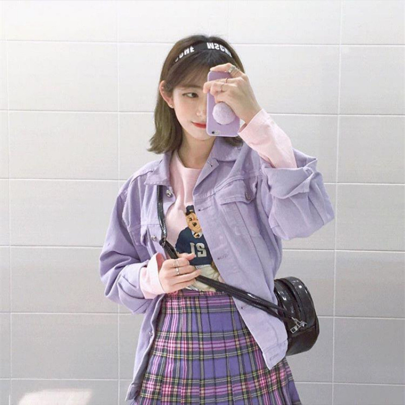 Long-sleeved Denim coat for female students Korean-style thin short slim-fit white jeans red jacket women's black and pink