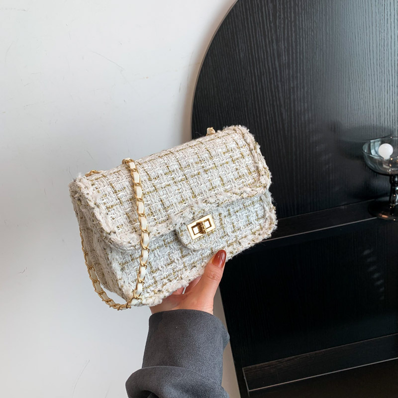 Otoño e Invierno lana bolsa de color de contraste para las mujeres 2023 nueva moda casual Plaid moda cadena pequeña bolsa cuadrada simple bolsa de hombro