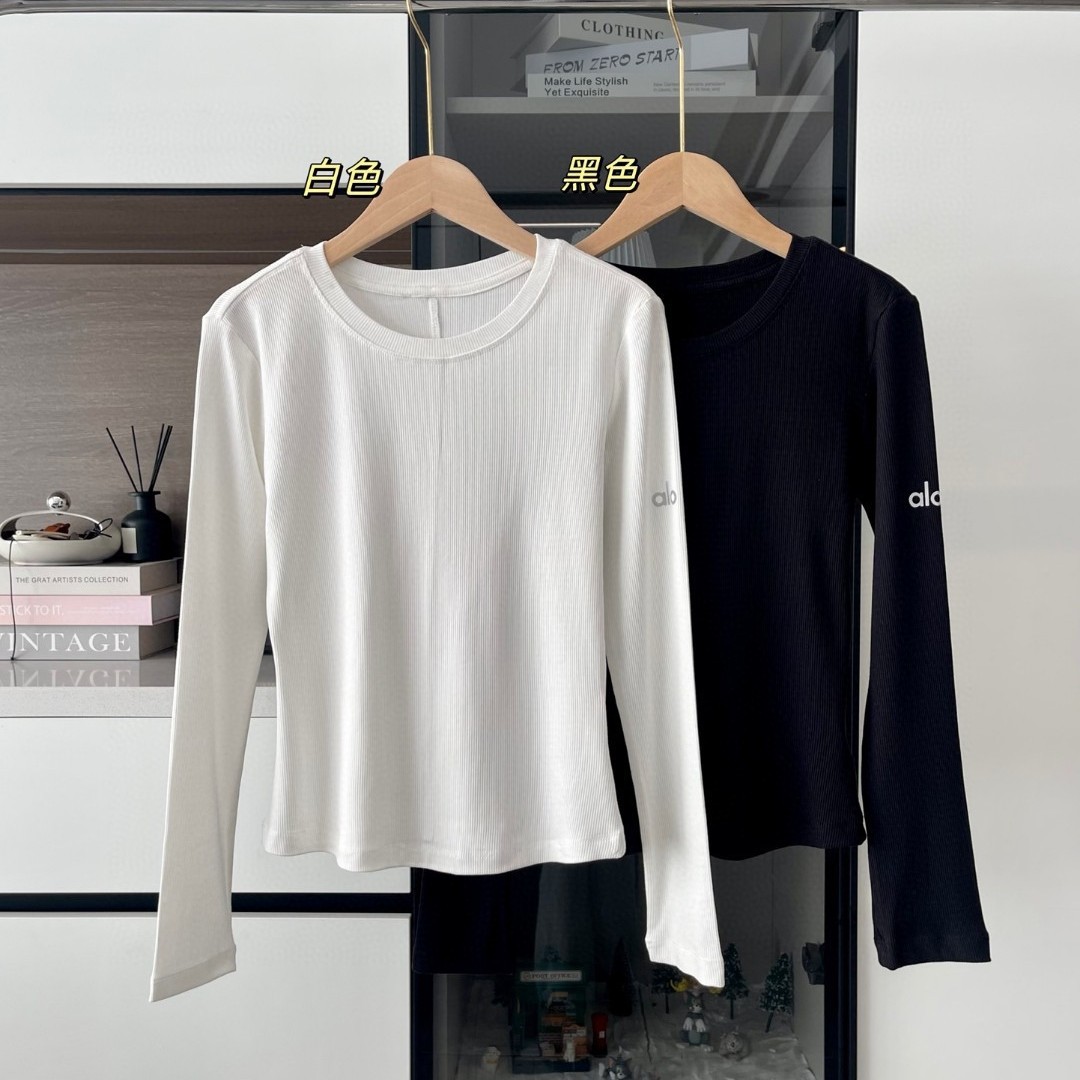Alo Pilates Long-Sleeved Threaded Bottoming Shirt T-Shirt Spring & Fall Women's Sports Quick-Drying Fitness Training Yoga Clothing Top