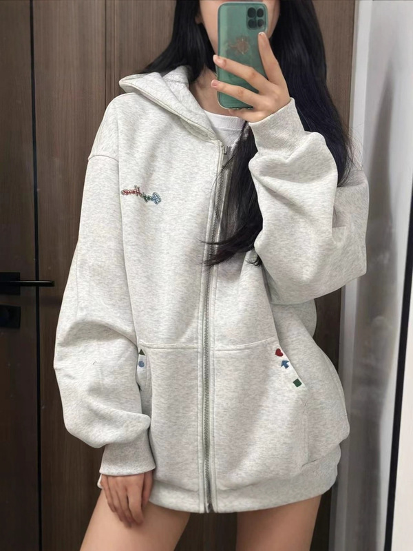 加绒美式复古彩刺绣连帽卫衣外套女秋冬宽松休闲开衫长袖上衣情侣|undefined