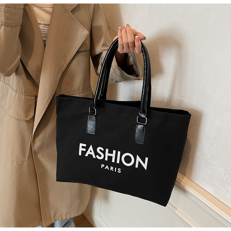 262g Weight Polyester Lining Material Open Closure Type Single Shoulder Strap Strap Type Tote Bag Bags Type Holiday, Daily Occasion Canvas Material Letter Pattern All Seasons Season Women's Gender Classic Style Style Square Shape Large Size Women's Large Canvas Letter Classic Style Square Open Tote Bag 26