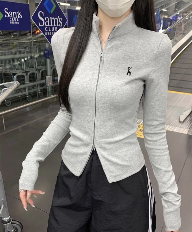 美式设计感半高领双拉链开衫女秋新款刺绣百搭修身显瘦外穿上衣潮|undefined