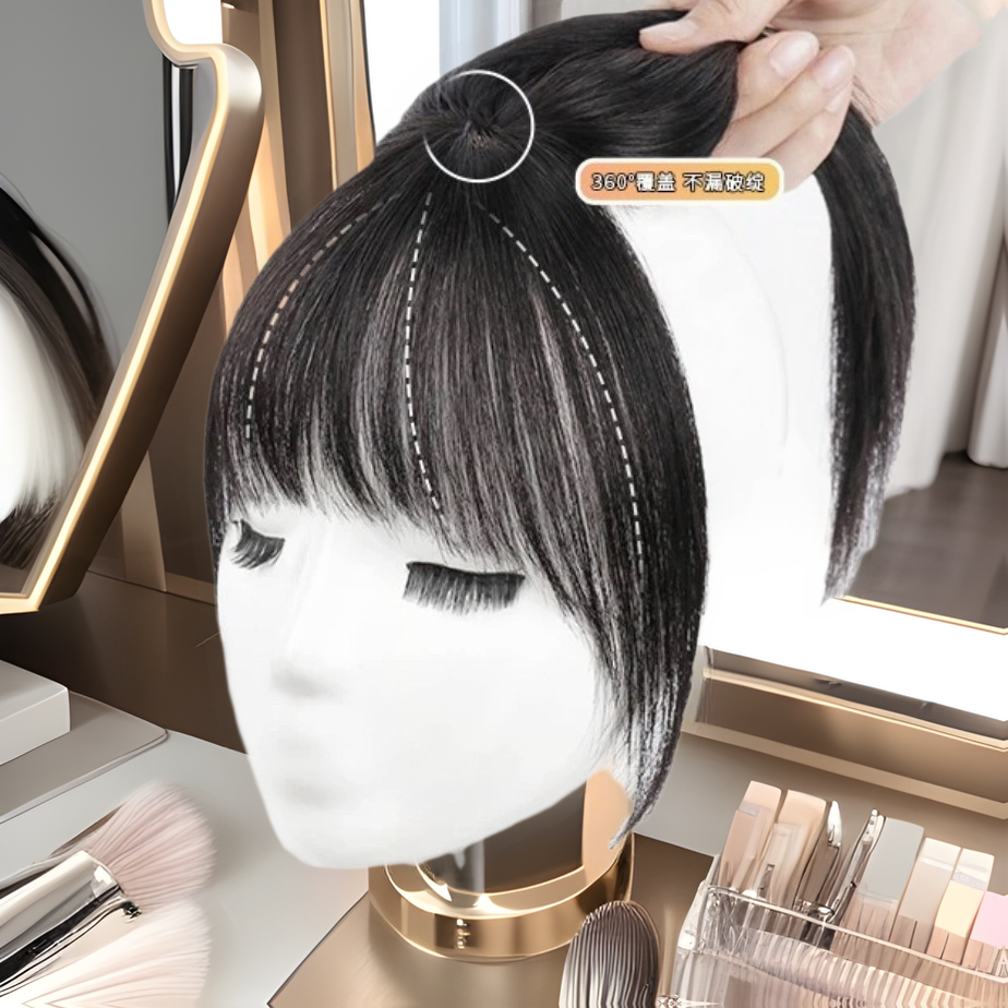 Bangs Wig Women's Top of the Film with Additional Hair Volume Fluffy Real Hair Full Real Hair Covering White Hair Wig with False Bangs