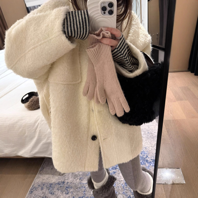 High Proportion 59% Wool Terry Bat Sleeve Lining Cotton Outwear Women's Korean Style Lazy Style Fur Outwear