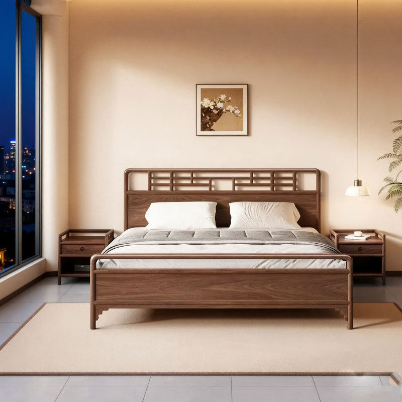 Song-Style Aesthetic North American Black Walnut and White Ash Wood Double Bed, New Chinese-Style Solid Wood Bedroom Furniture for Home and Hotel Use
