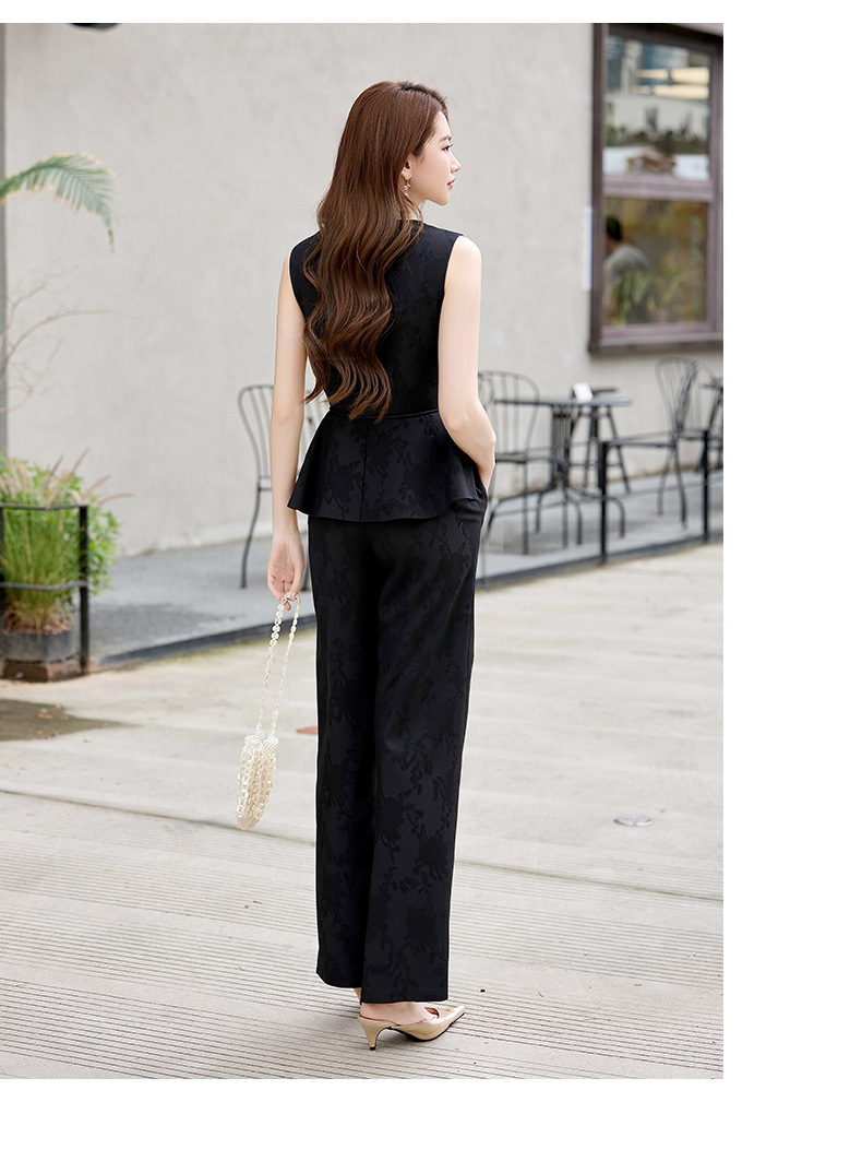 Bộ quần áo hai mảnh nữ phong cách tân cổ điển Trung Hoa – áo gile họa tiết jacquard kết hợp quần ống rộng — màu đen, màu trắng, màu vàng chi tiết 20