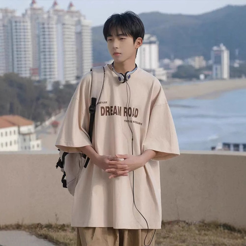 Men's Summer American Retro Coffee Short-Sleeve T-Shirt with Letter Print Loose Trendy Streetwear Casual Half-Shirt