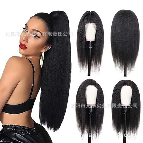 Kinky Straight 13x4 Lace fronting synchrotic Wig Long Black Wigs|undefined