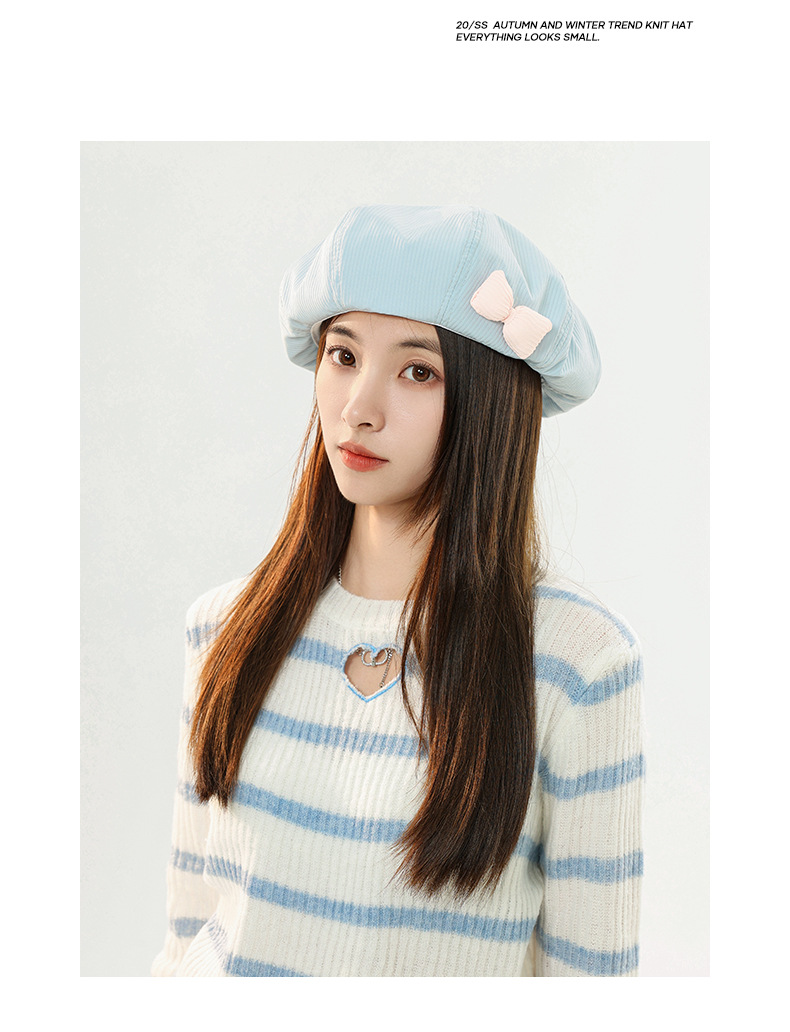 Hat female autumn and winter solid color bow beret parent-child Korean version white sweet bud hat retro painter hat_voghion.com
