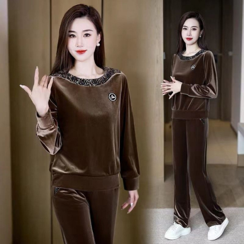 金丝绒刺绣套装女2025秋季新款洋气显瘦圆领套头休闲直筒裤两件套|undefined