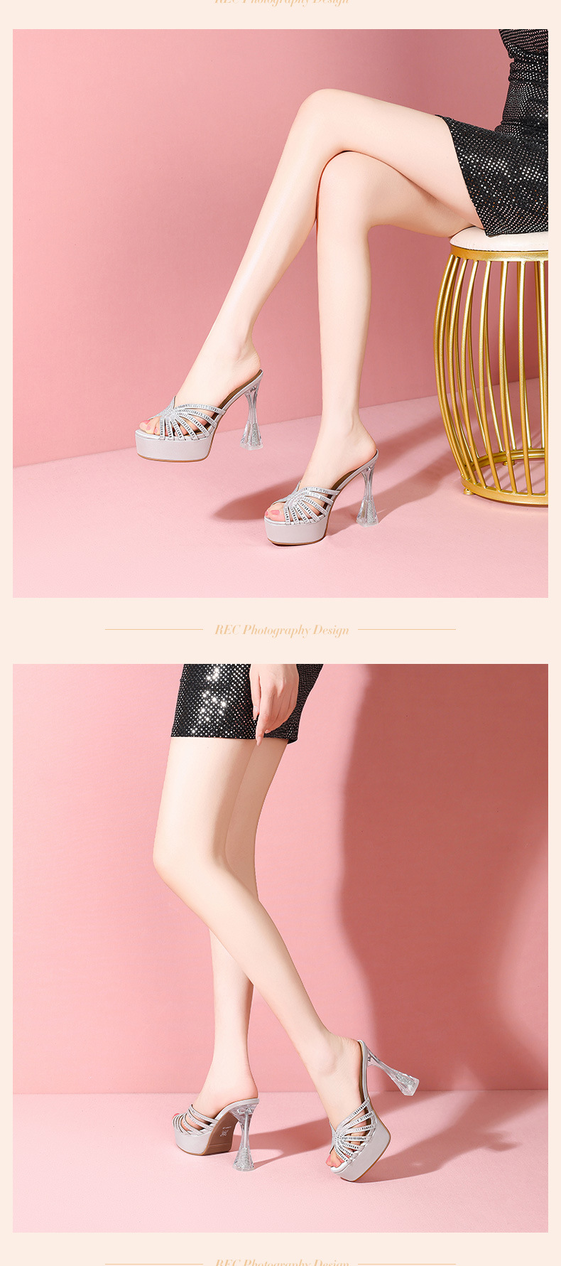 Sandal cao gót nữ hở mũi đính pha lê, gót 9 cm, đế platform, mũi tròn — đen chi tiết 7