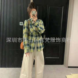 深圳南油高端女装欧美原单明星同款复古时髦减龄撞色格纹磨毛衬衫