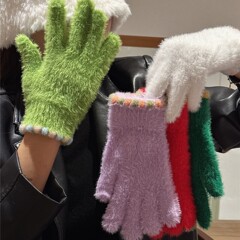 2025新款韩系可爱毛绒手套女冬季加厚保暖防寒露指可触屏手套学生