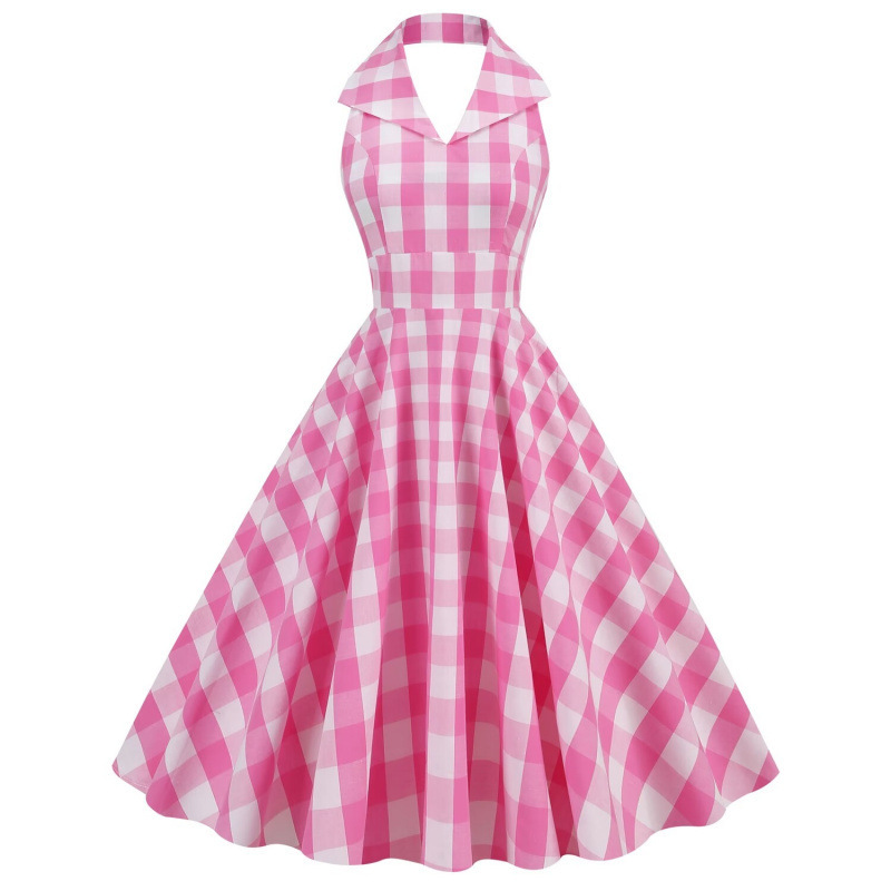 Actual Shot of 2025 New Digital Printed Barbie Pink British Style Halterneck Lapel Dress